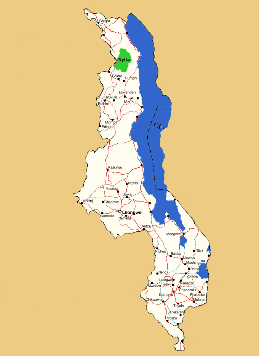 Map showing location of Nyika National Park.