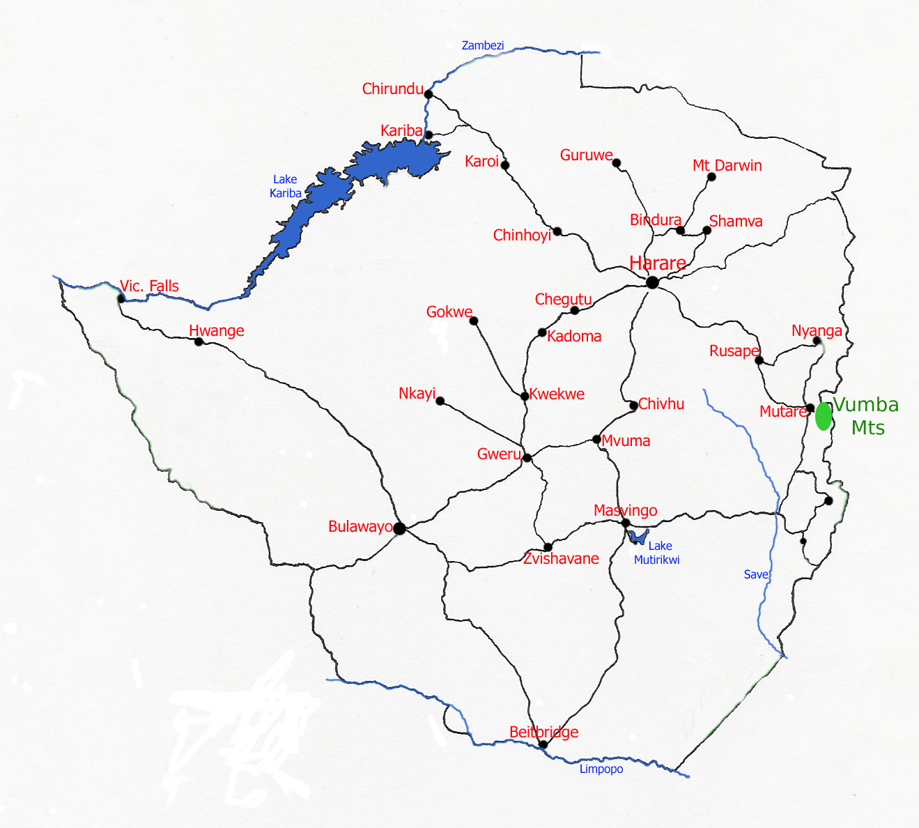 Map showing location of the Vumba Mts