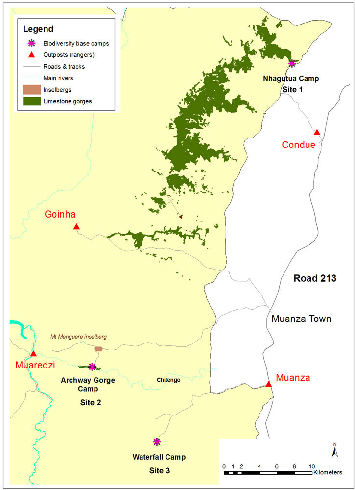 Site map showing the three camp locations during the survey.
